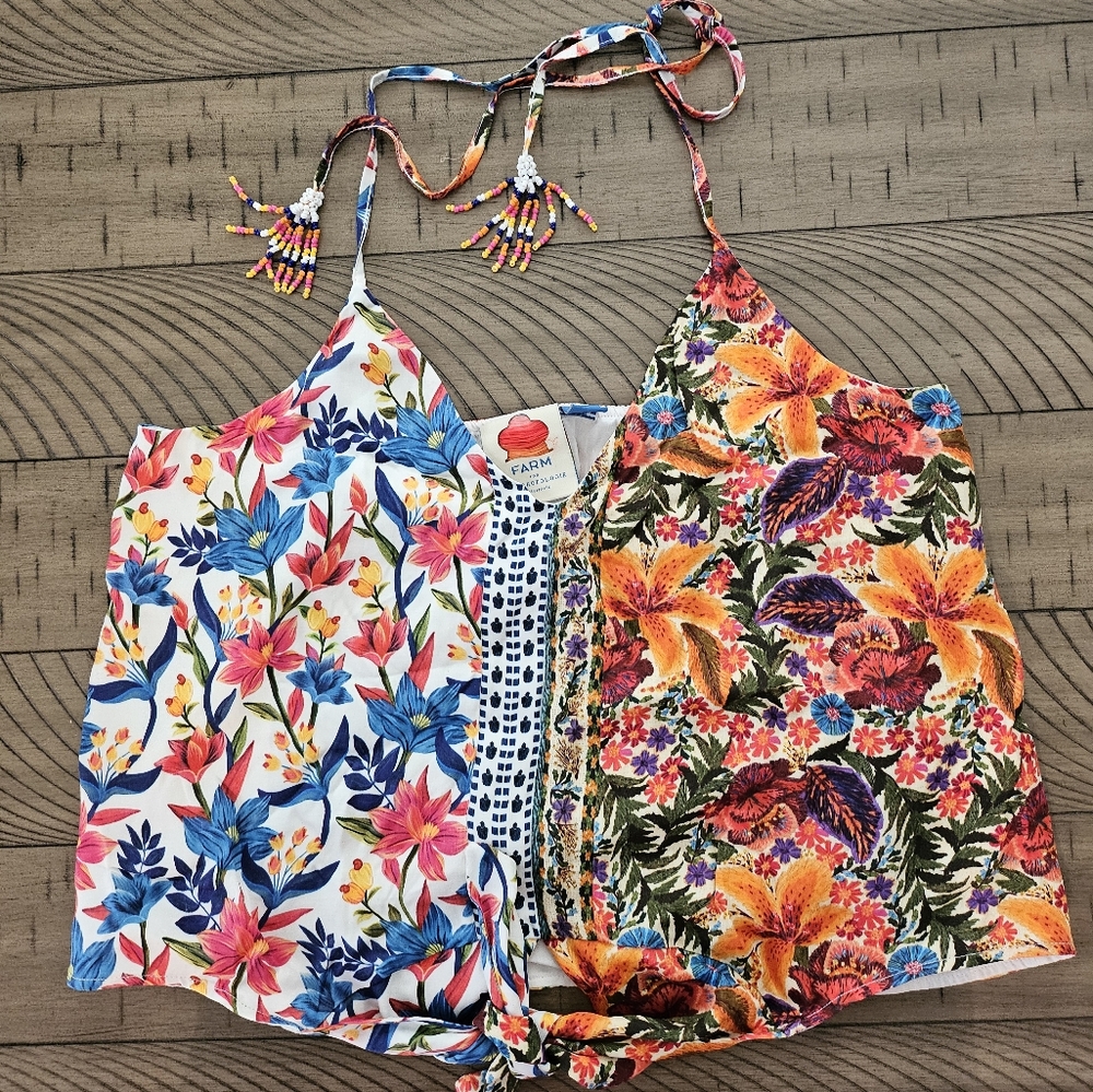 Farm Rio For Anthropologie Spliced Cami Halter Top Size Small White Floral Tie